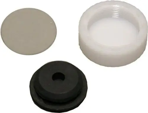 Verschlussstopfen-Set von Bosch, bestehend aus einer weißen Schraubkappe, einer grauen metallischen Scheibe und einem schwarzen Gummistopfen zur Abdichtung.